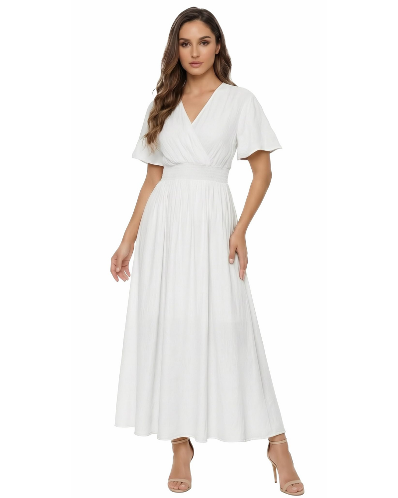 Brynn Vestido Largo de Mujer – Escote en V, Mangas con Volantes y Cintura Elástica