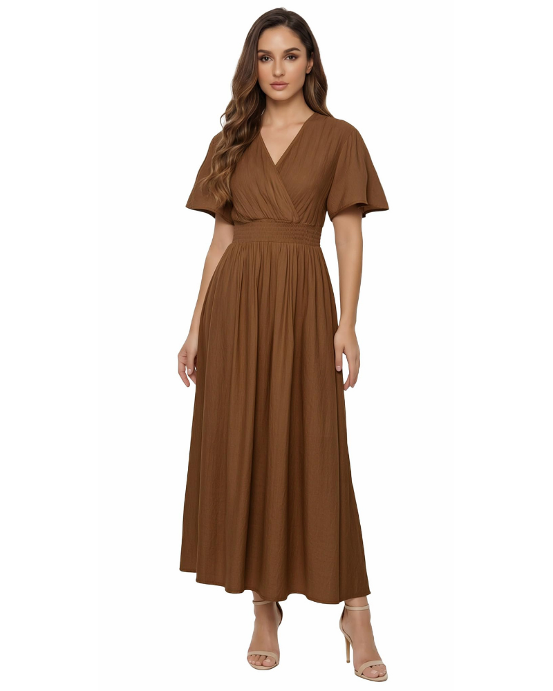 Brynn Vestido Largo de Mujer – Escote en V, Mangas con Volantes y Cintura Elástica