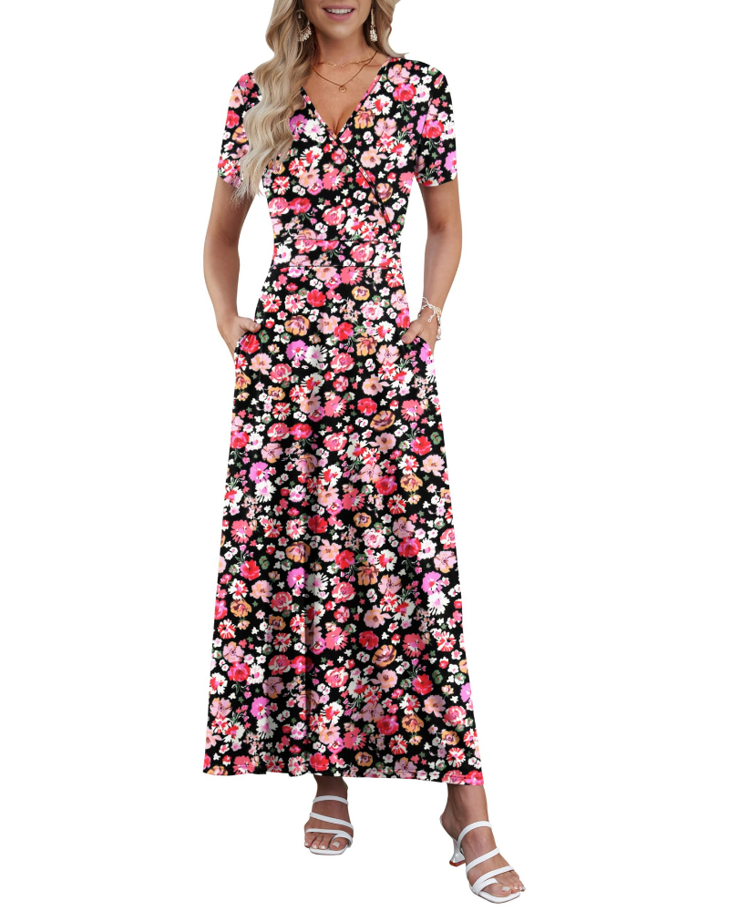 Danielle Abito Long Femme – Robe d'Été avec Col en V, Taille Haute et Poches