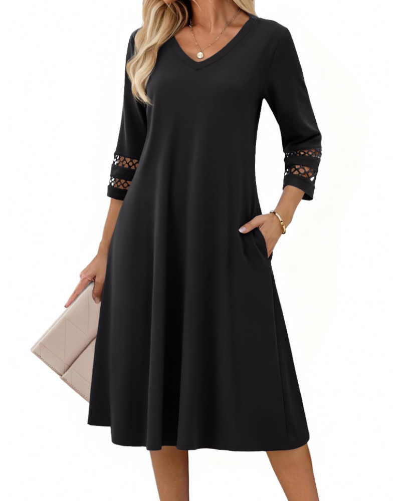 Valerie Abito Midi Mujer – Vestido Línea A con Escote en V y Mangas de Encaje