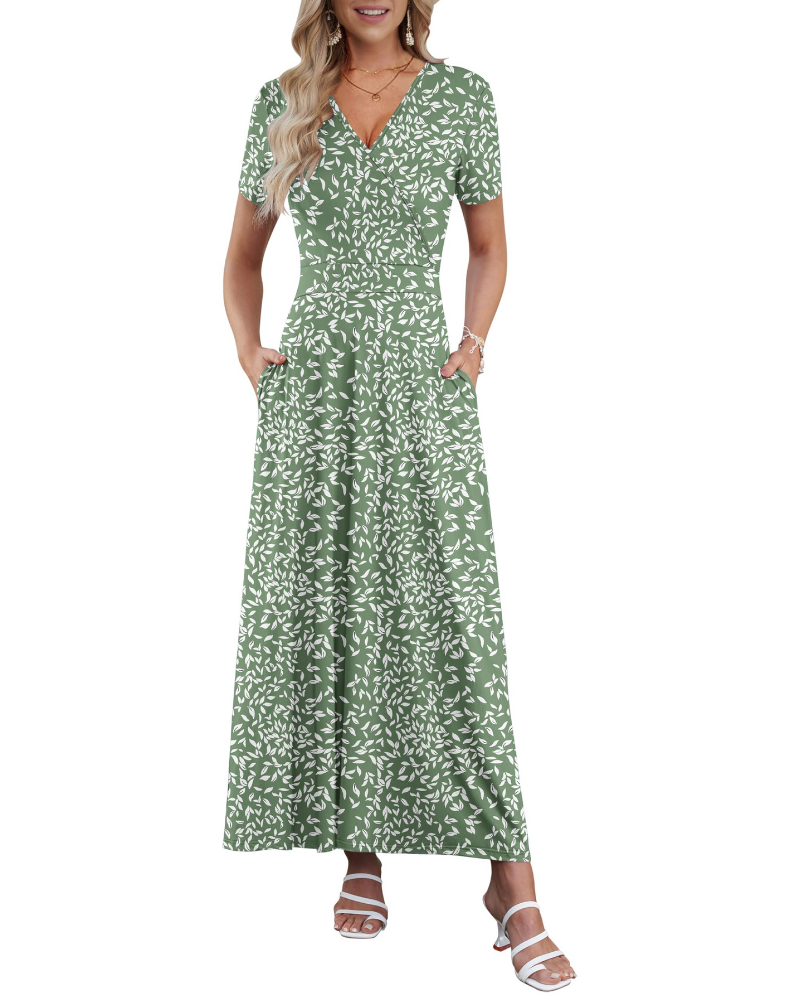 Danielle Abito Long Femme – Robe d'Été avec Col en V, Taille Haute et Poches