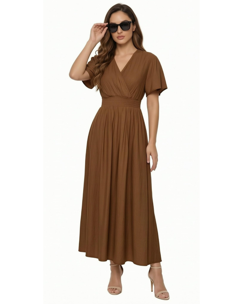 Brynn Vestido Largo de Mujer – Escote en V, Mangas con Volantes y Cintura Elástica