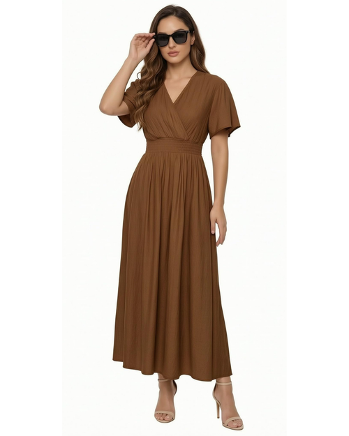 Brynn Robe longue pour femme – Col en V, manches à volants et taille élastiquée