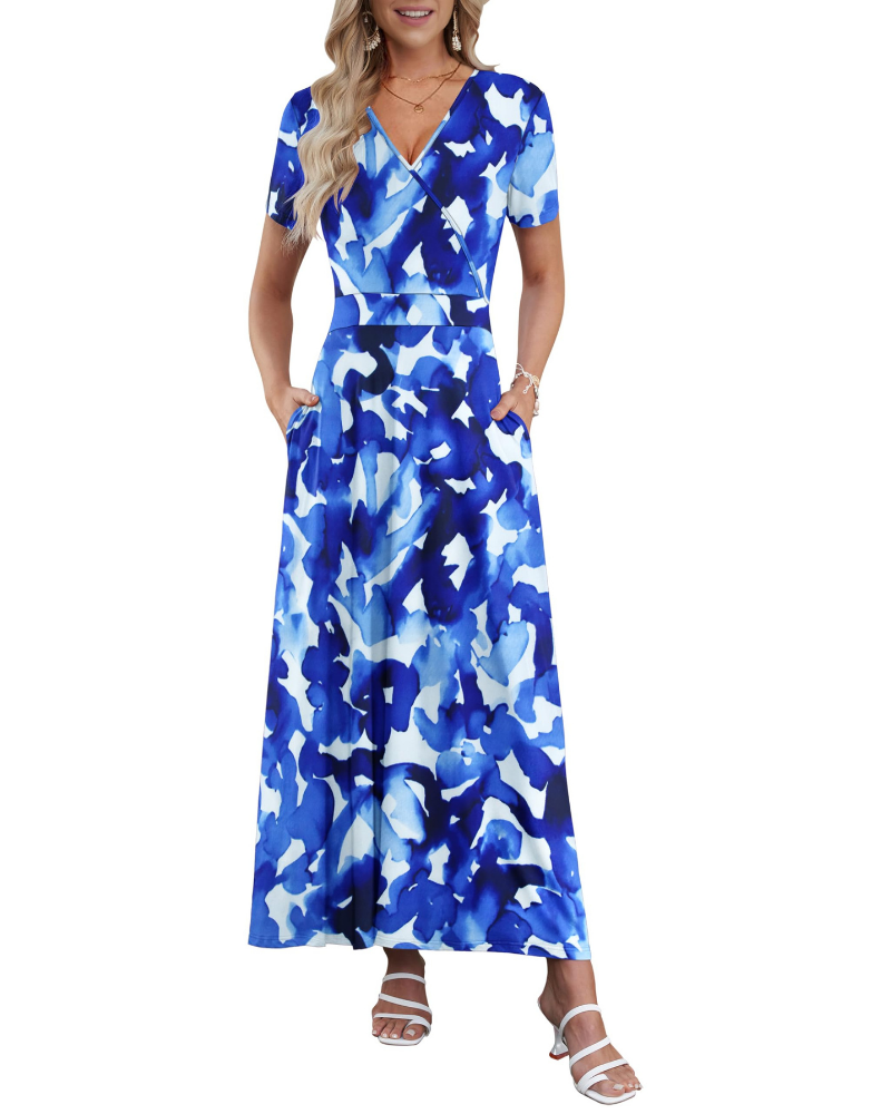 Danielle Abito Long Femme – Robe d'Été avec Col en V, Taille Haute et Poches