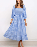 Vestido midi Lily para mujer – Vestido bohemio a cuadros con mangas abullonadas y volantes