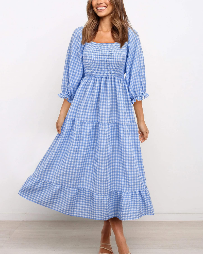 Vestido midi Lily para mujer – Vestido bohemio a cuadros con mangas abullonadas y volantes