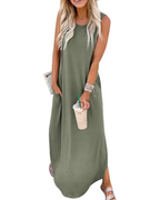 Mila Women's Dress – Sleeveless Maxi Dress with Side Slit, Pockets & Soft Fit