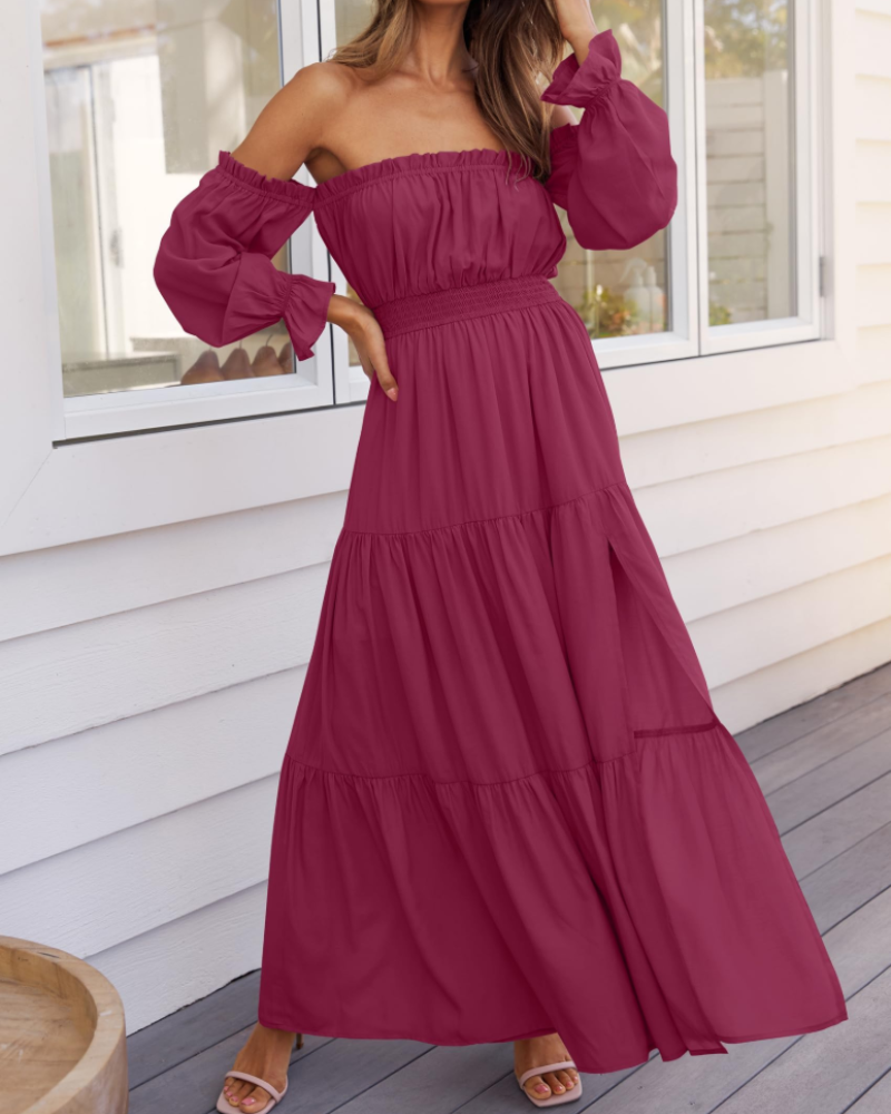 Isabella Vestido Mujer – Vestido Maxi Off Shoulder con Mangas Abullonadas, Abertura Alta y Dobladillo con Volantes