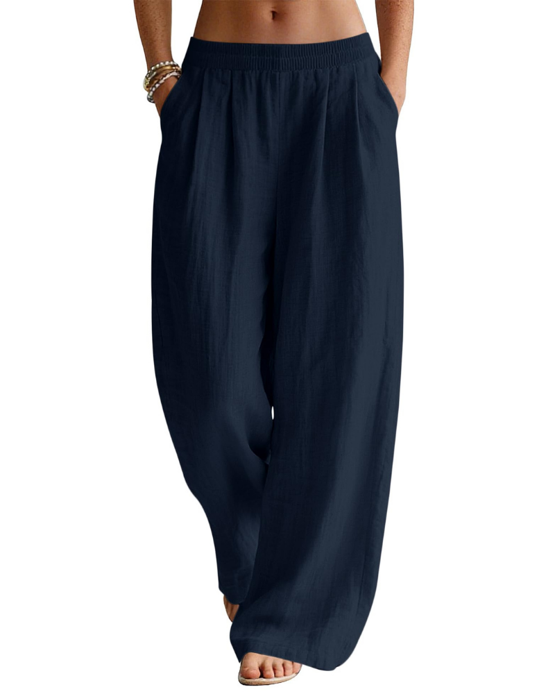 Evelyn Palazzo Pants for Women – Linen Blend, Elastic Waist, and Side Pockets