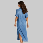 Elise Robe Femme Longue en Denim – Robe Décontractée avec Fente Latérale et Manches Courtes