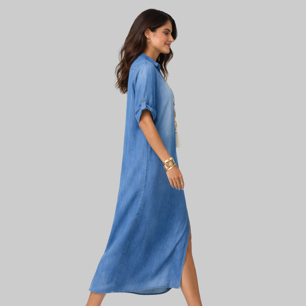 Elise Robe Femme Longue en Denim – Robe Décontractée avec Fente Latérale et Manches Courtes