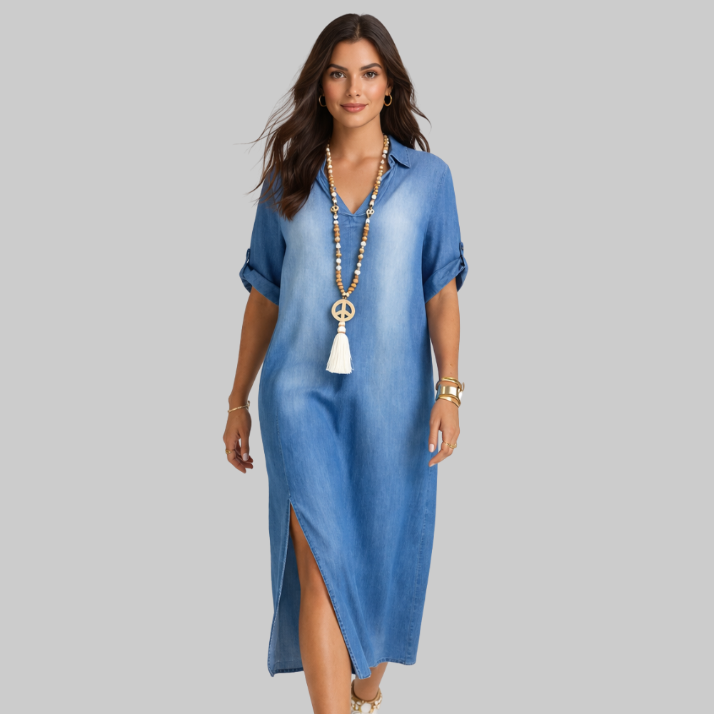 Elise Robe Femme Longue en Denim – Robe Décontractée avec Fente Latérale et Manches Courtes