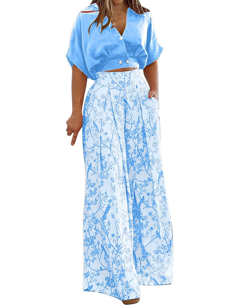 Ensemble Harper Donna 2 pièces – Top à col en V et pantalon palazzo taille haute