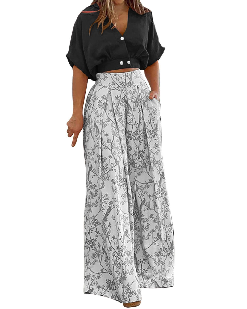 Ensemble Harper Donna 2 pièces – Top à col en V et pantalon palazzo taille haute