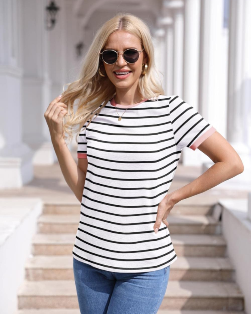 Cassandra T-Shirt Donna – Top a Righe con Girocollo, Color Block & Maniche Corte
