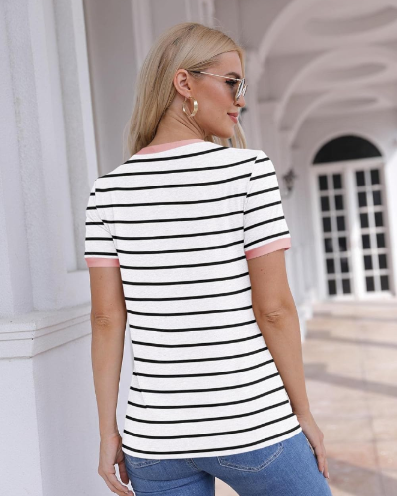Cassandra T-Shirt Donna – Top a Righe con Girocollo, Color Block & Maniche Corte