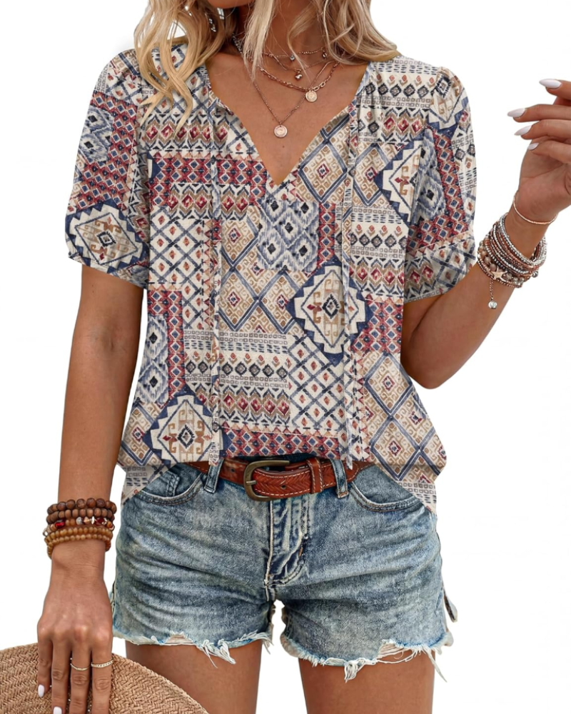 Winona Damenbluse – Boho-Tunika mit V-Ausschnitt, Bändern und Puffärmeln