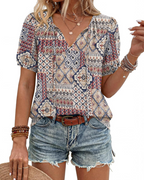 Winona Damenbluse – Boho-Tunika mit V-Ausschnitt, Bändern und Puffärmeln
