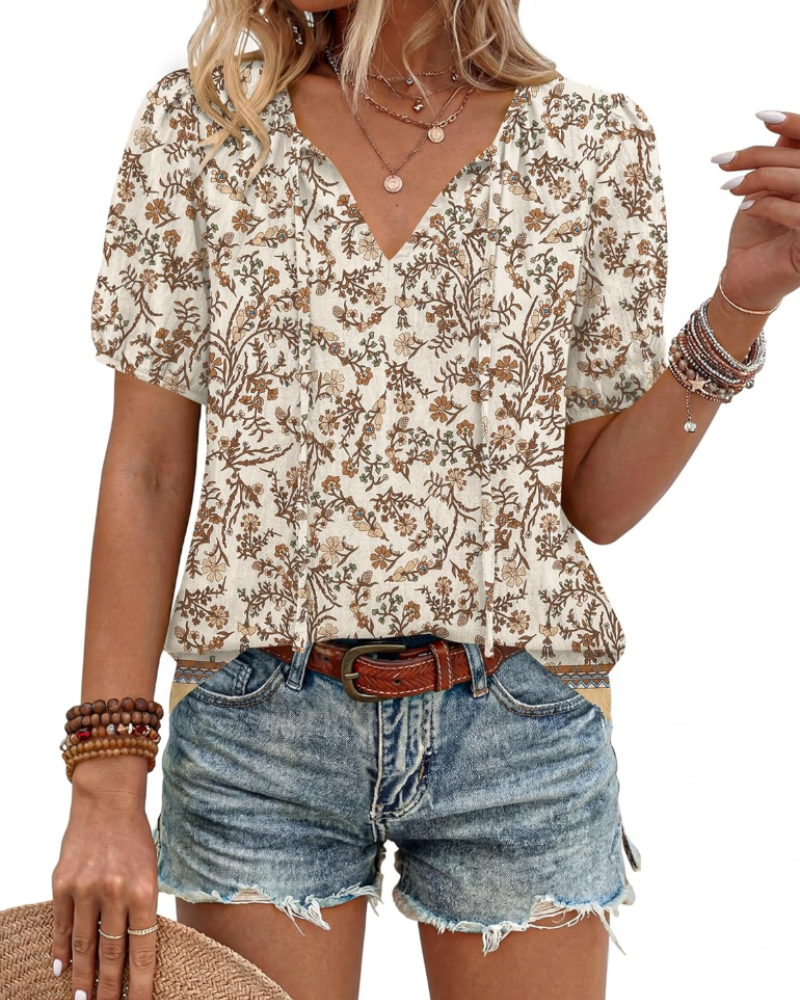 Winona Dámská Blůza – Boho Tunika s Výstřihem do V, Šňůrkami a Nabíranými Rukávy
