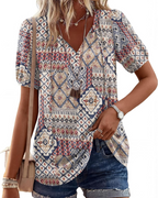 Winona Damenbluse – Boho-Tunika mit V-Ausschnitt, Bändern und Puffärmeln