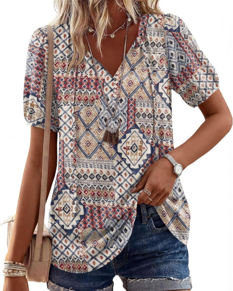 Winona Dámská Blůza – Boho Tunika s Výstřihem do V, Šňůrkami a Nabíranými Rukávy