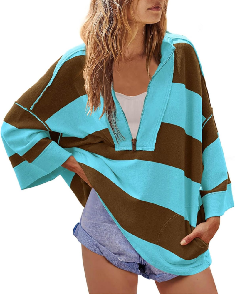 Harlow Women's Oversized Sweatshirt – Striped Pullover with V-Neck and Dropped Shoulders