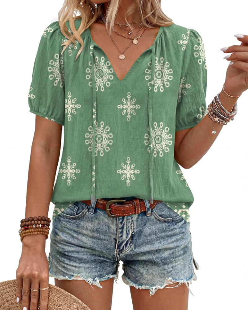 Winona Dámská Blůza – Boho Tunika s Výstřihem do V, Šňůrkami a Nabíranými Rukávy