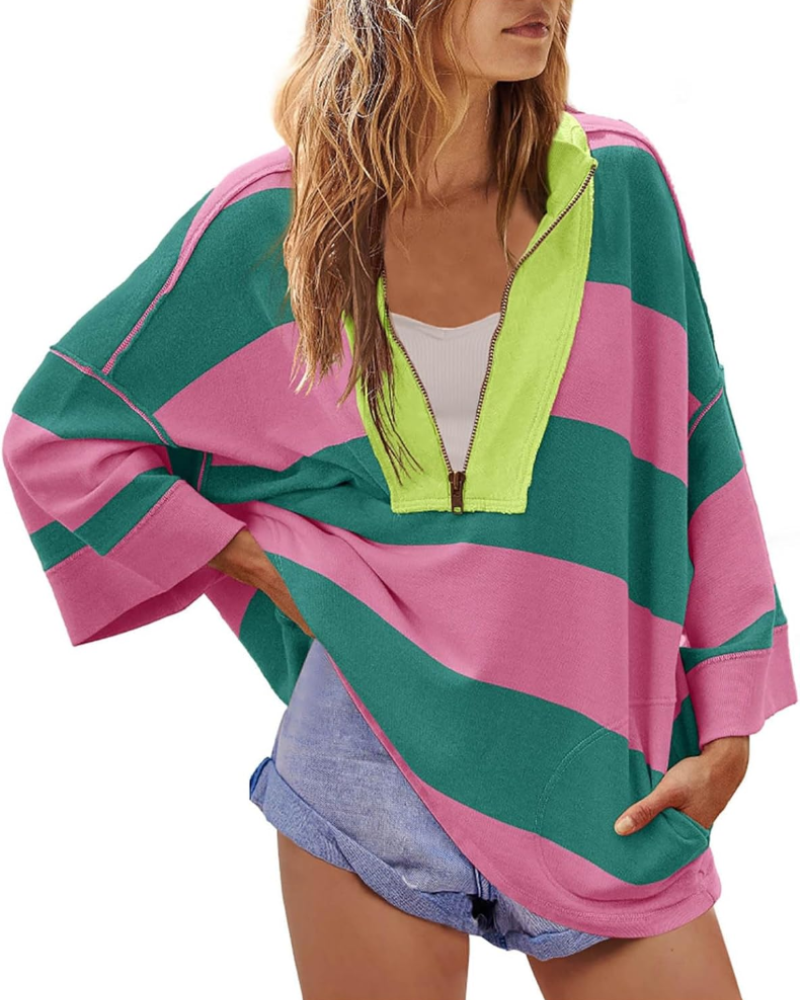 Harlow Women's Oversized Sweatshirt – Striped Pullover with V-Neck and Dropped Shoulders