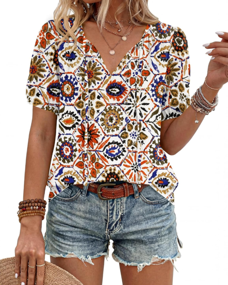 Winona Dámská Blůza – Boho Tunika s Výstřihem do V, Šňůrkami a Nabíranými Rukávy