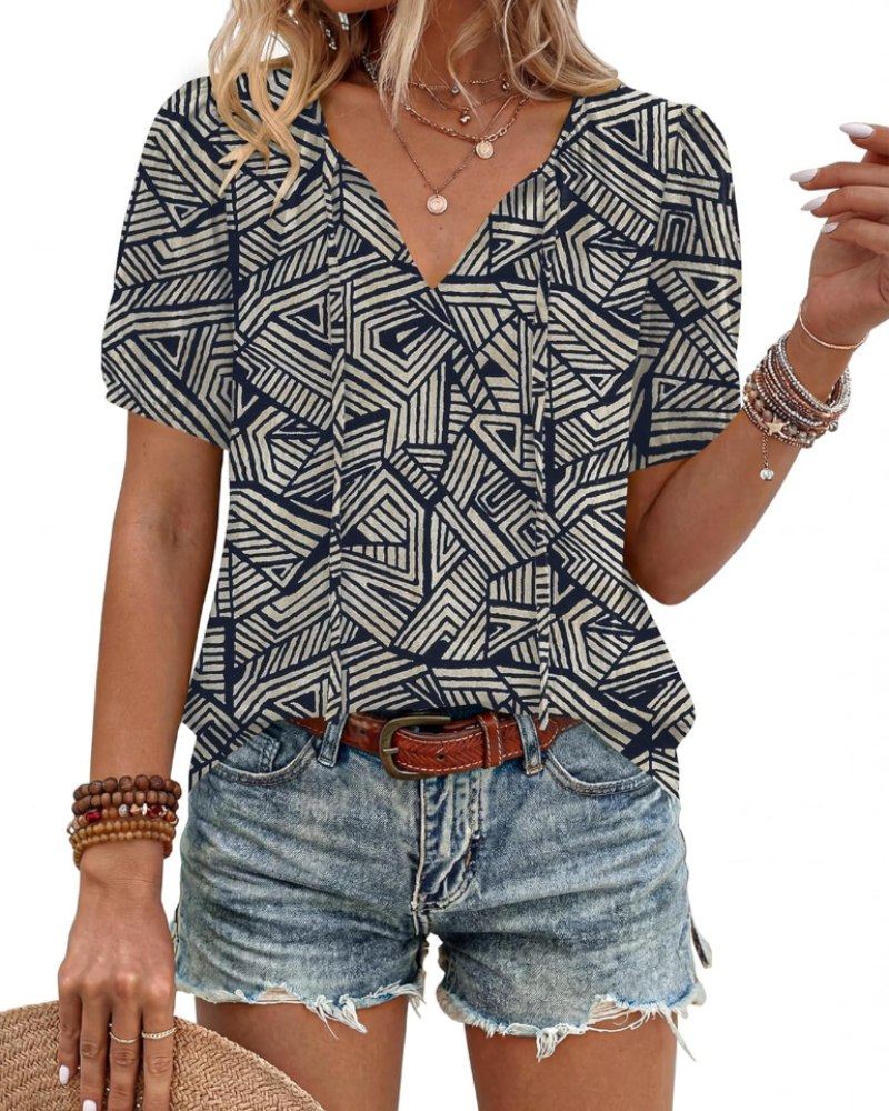 Winona Dámská Blůza – Boho Tunika s Výstřihem do V, Šňůrkami a Nabíranými Rukávy