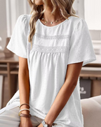 Teagan Bluză de damă – Dantelă, mâneci scurte largi, decolteu rotund și stil boho