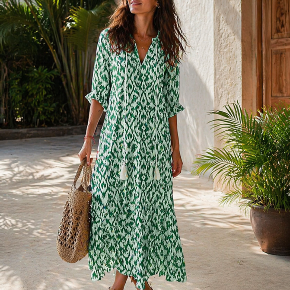 Zarya Robe Boho Femme – Maxi Robe Fluide avec Décolleté en V & Coupe Souple