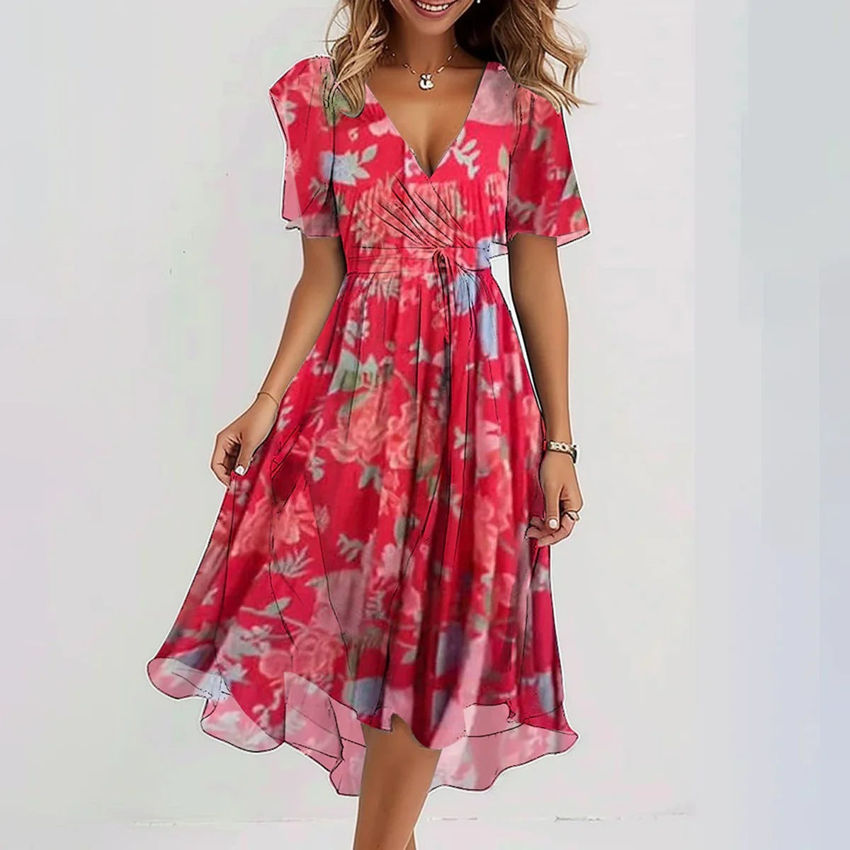 Everly Vestito Midi Donna – Floreale, Scollo a V Elegante & Vestibilità Fluida