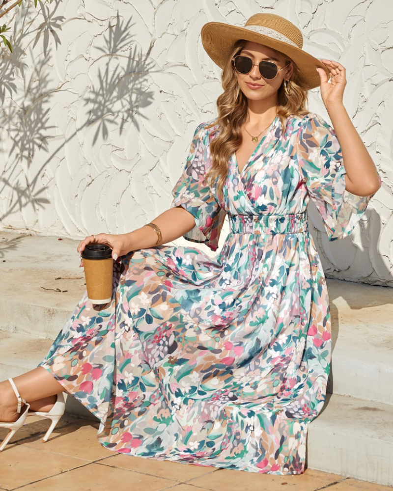 Vestido largo Cambria para mujer con estampado floral: escote en V, cintura elástica y mangas cortas
