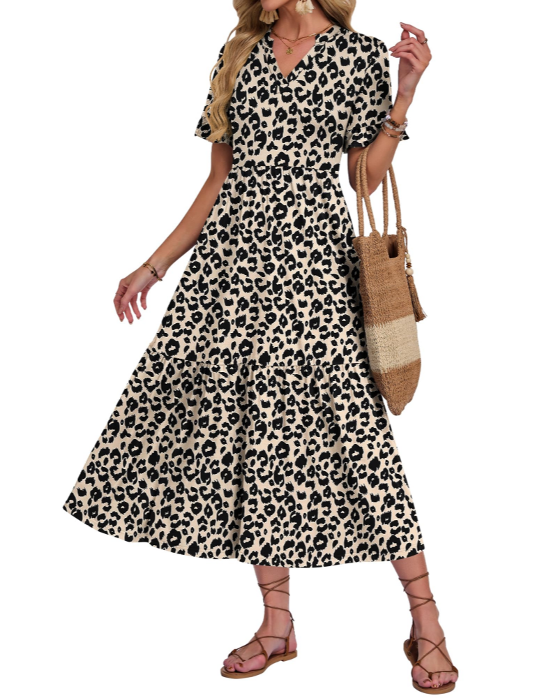 Tatum Women’s Long Dress – V-Neck, Ruffled Sleeves, Tiered Layers and Side Pockets