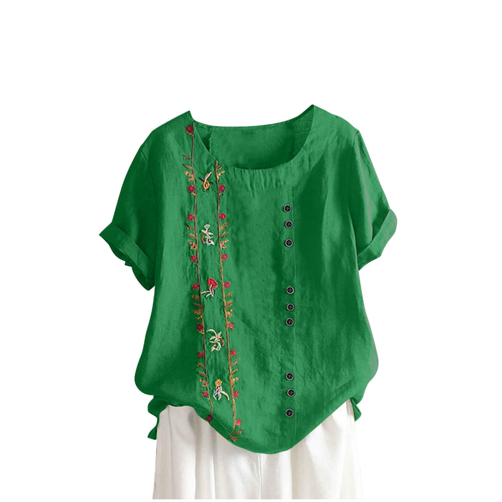 Florence Women’s Cotton and Linen Top – Short Sleeves, Front Buttons, and Breathable Tunic