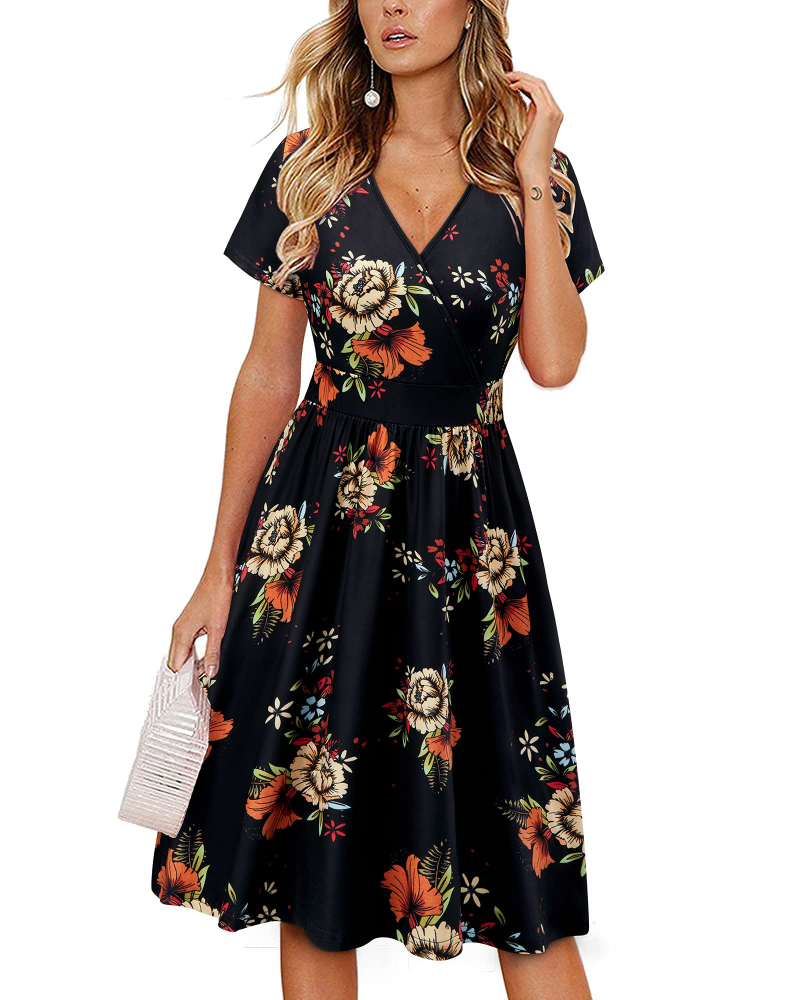 Aveline Vestido midi para mujer – cruzado, escote en V, cintura plisada y bolsillos