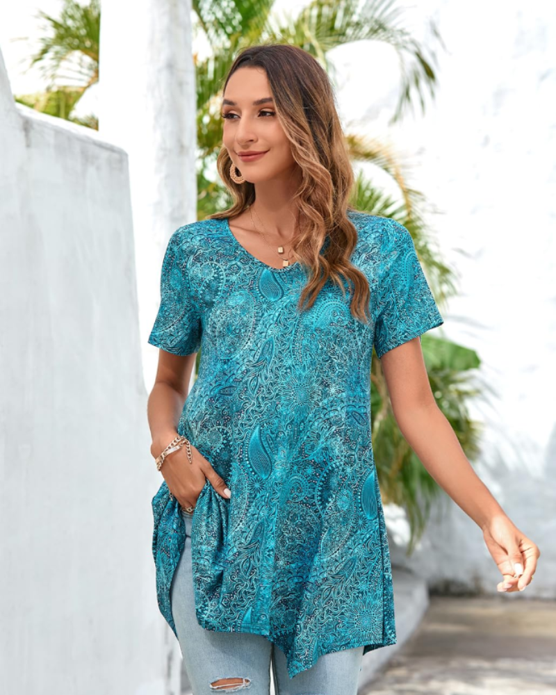 Túnica de mujer Tabitha – Escote en V, bajo asimétrico, estampado floral y mangas cortas