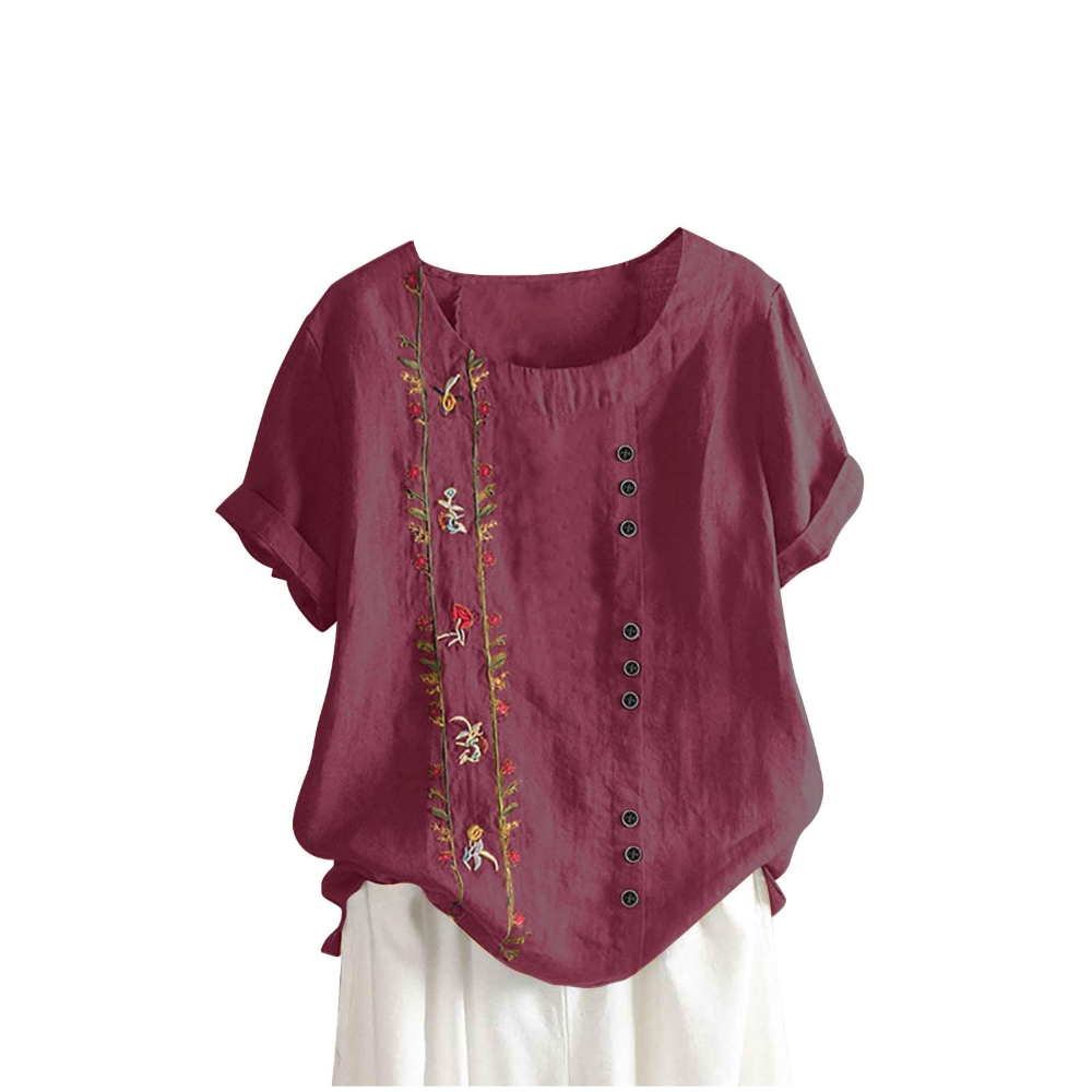 Florence Women’s Cotton and Linen Top – Short Sleeves, Front Buttons, and Breathable Tunic