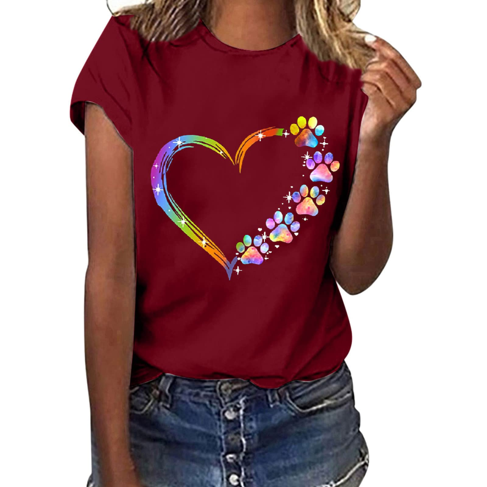 Damski letni T-shirt Colleen – kwiatowy nadruk, okrągły dekolt i krótkie rękawy