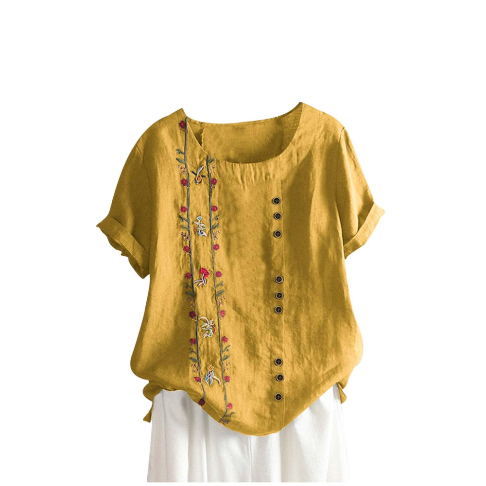 Florence Women’s Cotton and Linen Top – Short Sleeves, Front Buttons, and Breathable Tunic