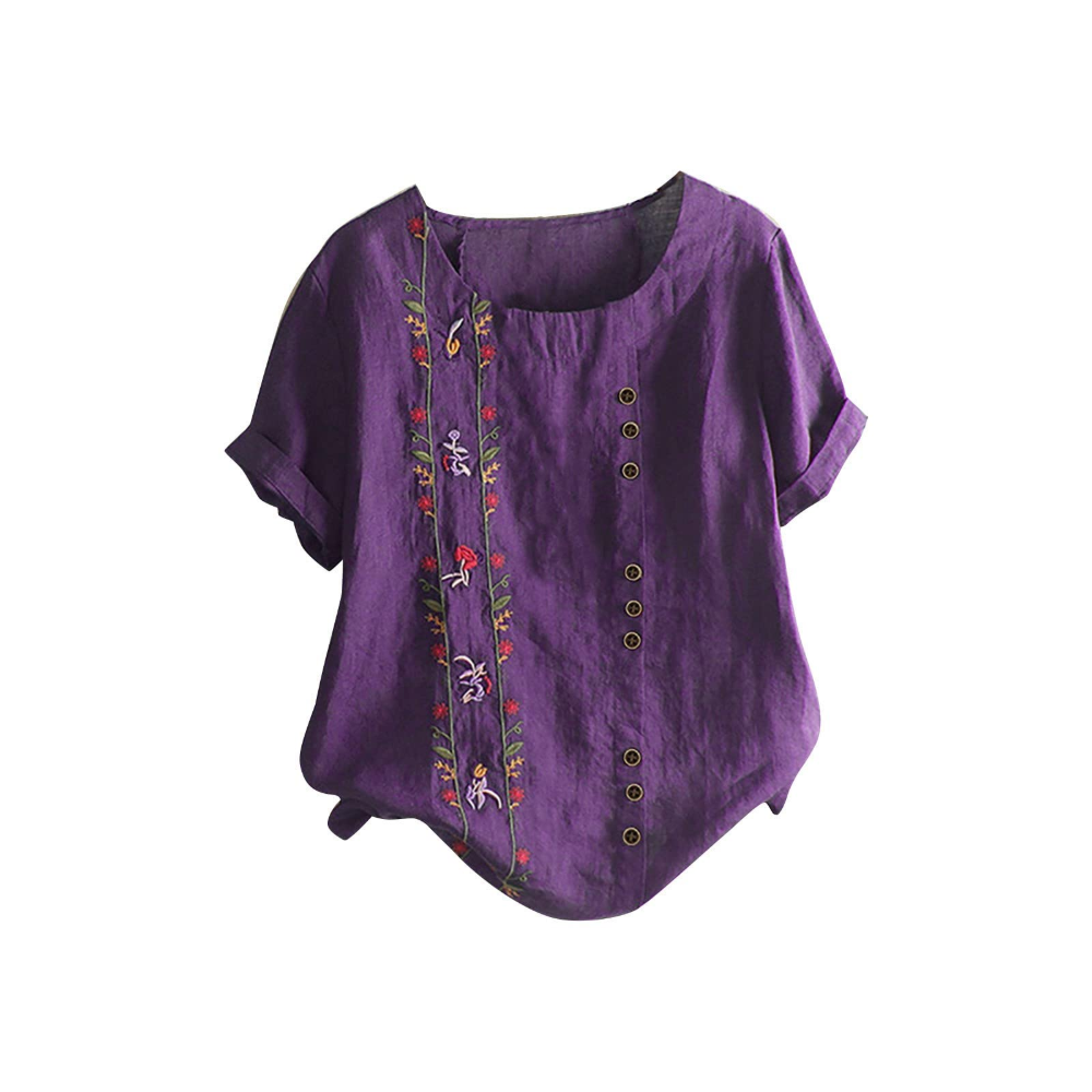 Florence Women’s Cotton and Linen Top – Short Sleeves, Front Buttons, and Breathable Tunic