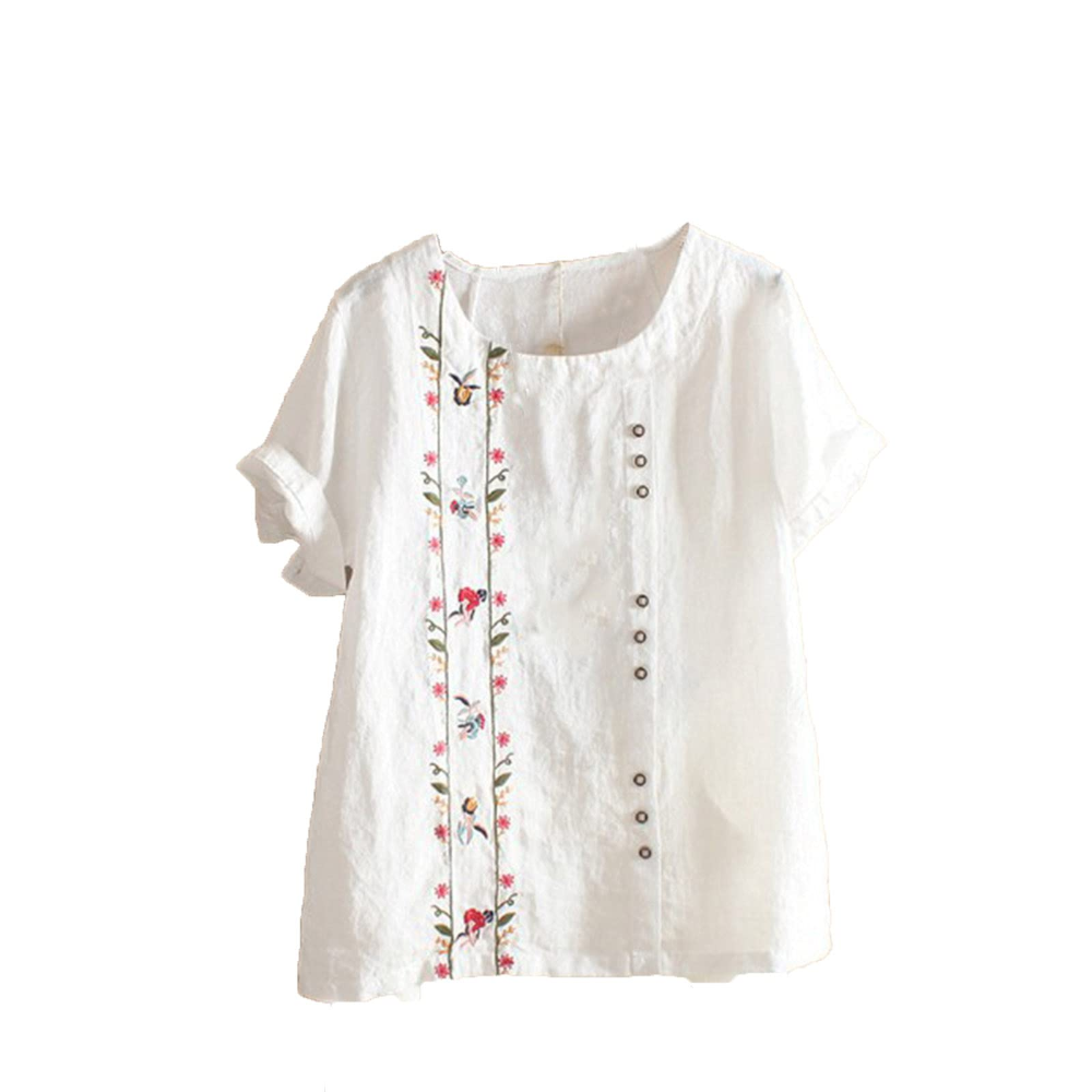 Florence Women’s Cotton and Linen Top – Short Sleeves, Front Buttons, and Breathable Tunic