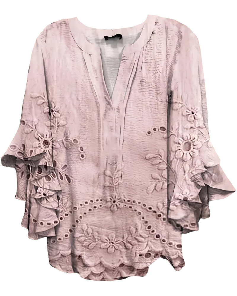 Lillian Women's Blouse – V-Neck, 3/4 Sleeves with Ruffles and Retro Print