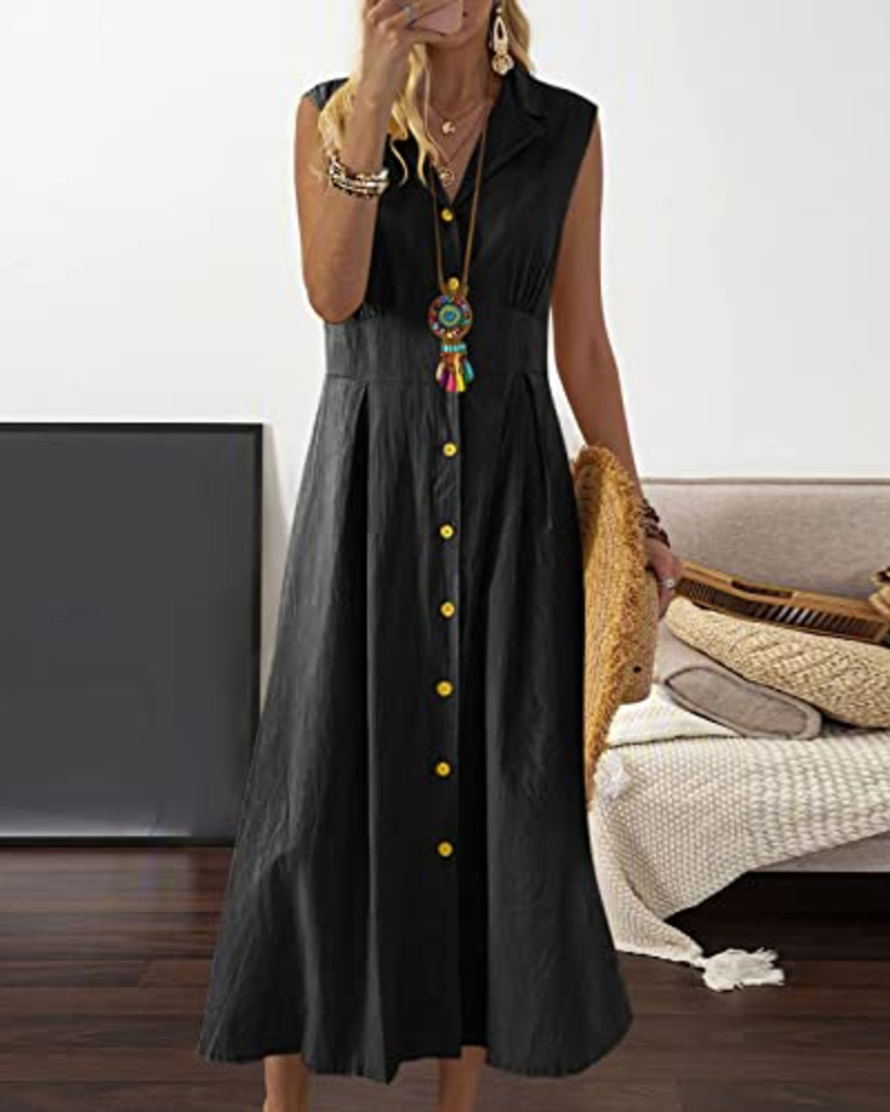 Women’s Summer Dress – Cotton and Linen, Sleeveless, Button-Down, Boho Style