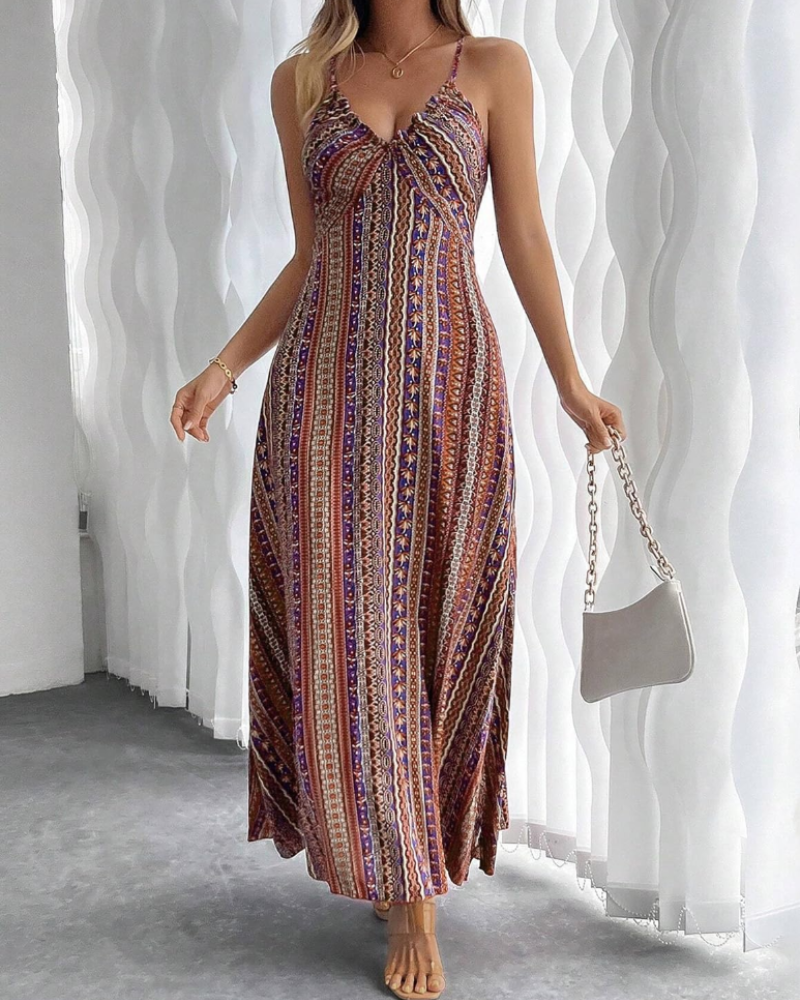 Maisie Women’s Maxi Dress – V-Neck, Boho Ethnic Print and Sleeveless Design