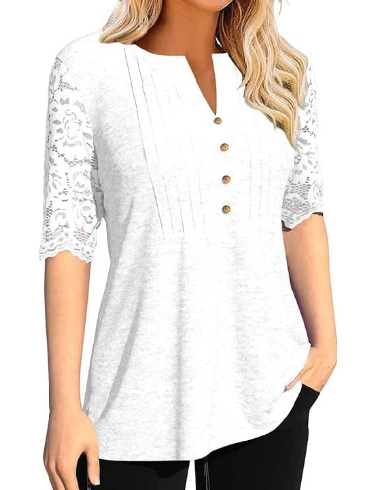 Megan Blusa Donna Estiva – Scollo a V, Pieghe, Bottoni e Dettagli in Pizzo