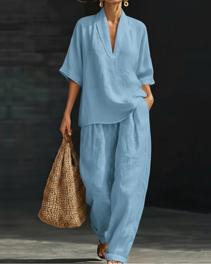 Winona Women’s Linen Set – V-Neck Top and Palazzo Pants with Pockets