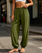 Nicole Pantaloni Harem Donna – Cotone Lino, Vita con Coulisse e Tasche Laterali
