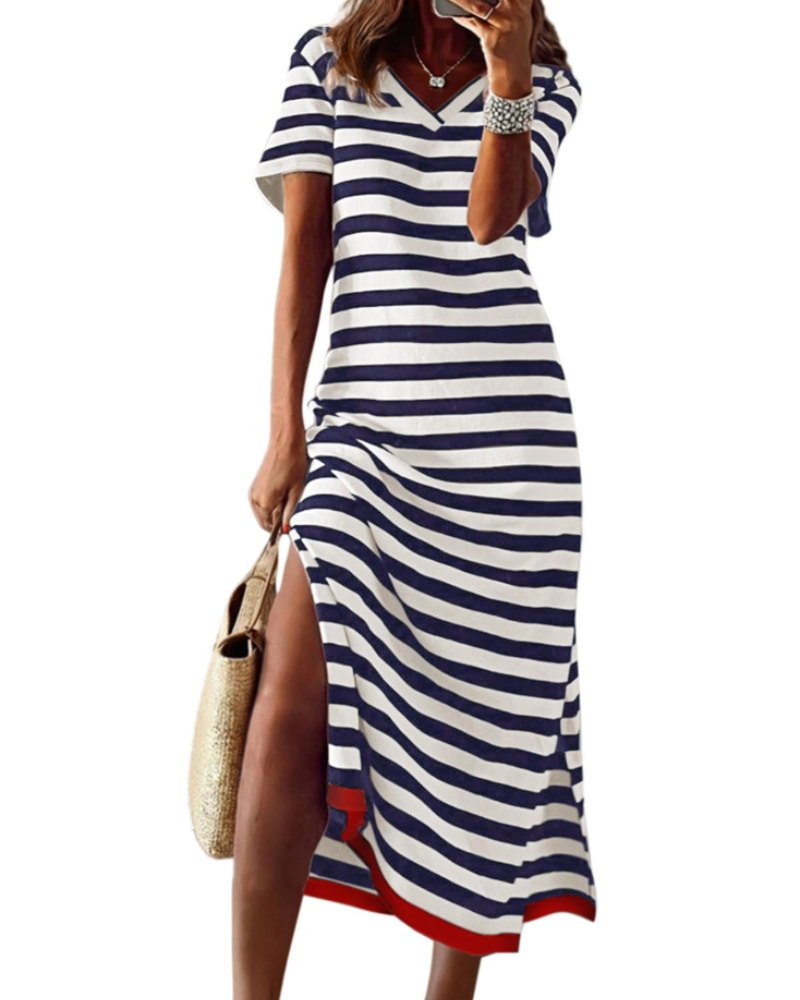 Danielle Abito Maxi Donna – Vestito Lungo a Righe Color Block con Maniche Corte e Spacco Laterale